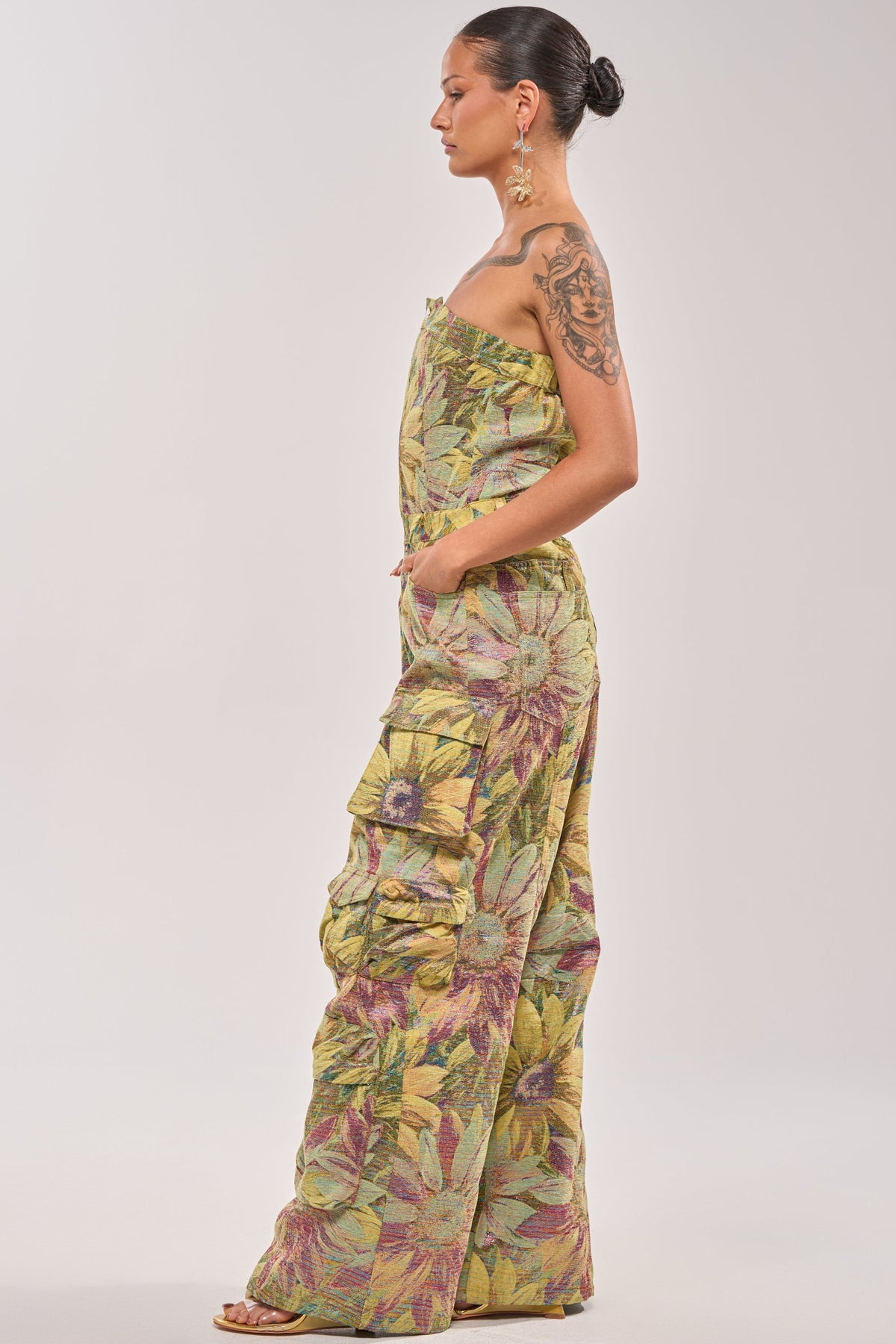 SMELL THE FLOWERS BROCADE STRAPLESS JUMPSUIT
