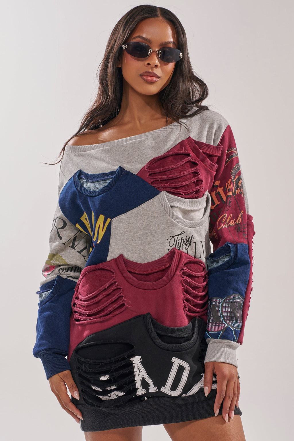 TALK LATER OFF THE SHOULDER PATCHWORK DRESS