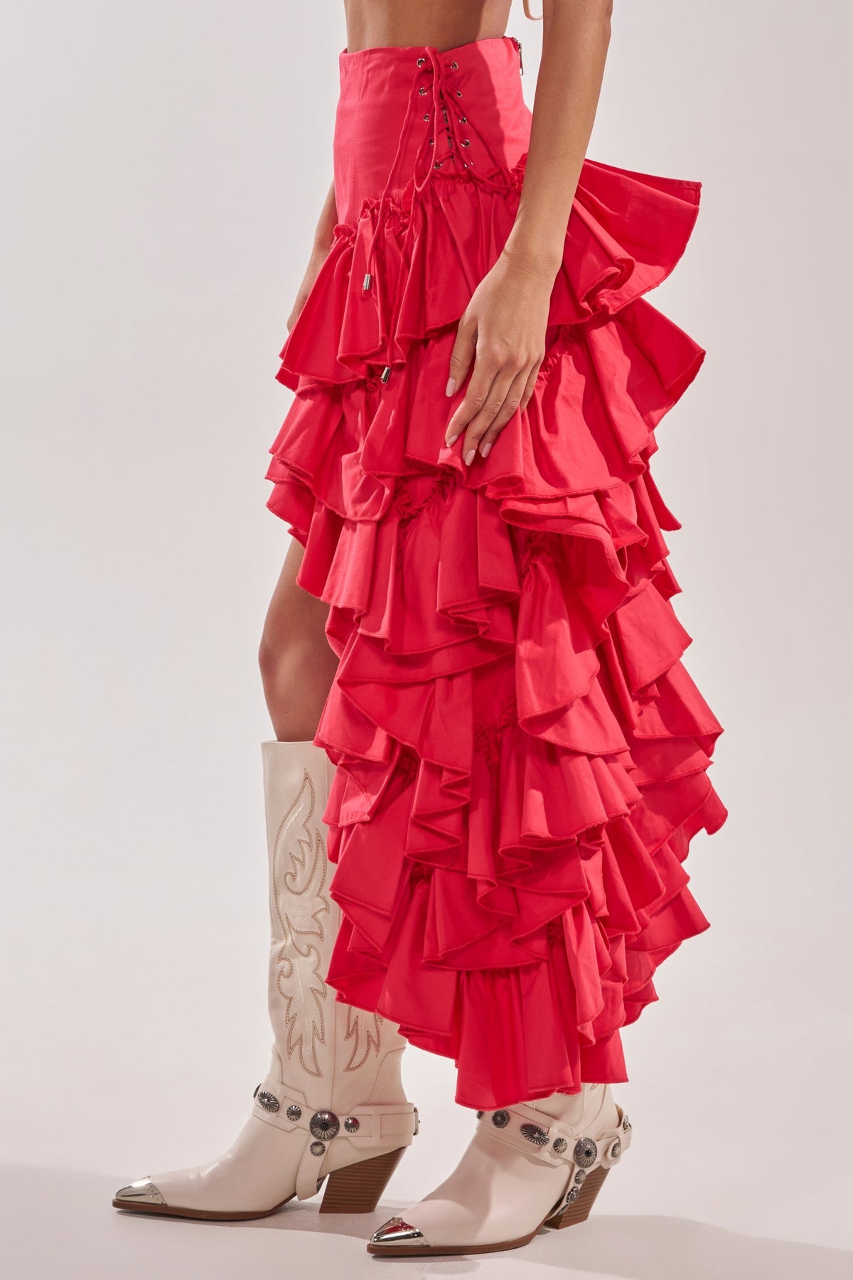 CLAIRE HIGH LOW RUFFLE SKIRT IN RED