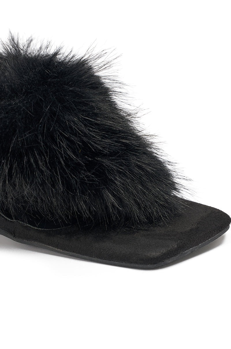AKIRA GOLD KIRI BLACK FUR THONG SANDAL WITH CLEAR HEEL