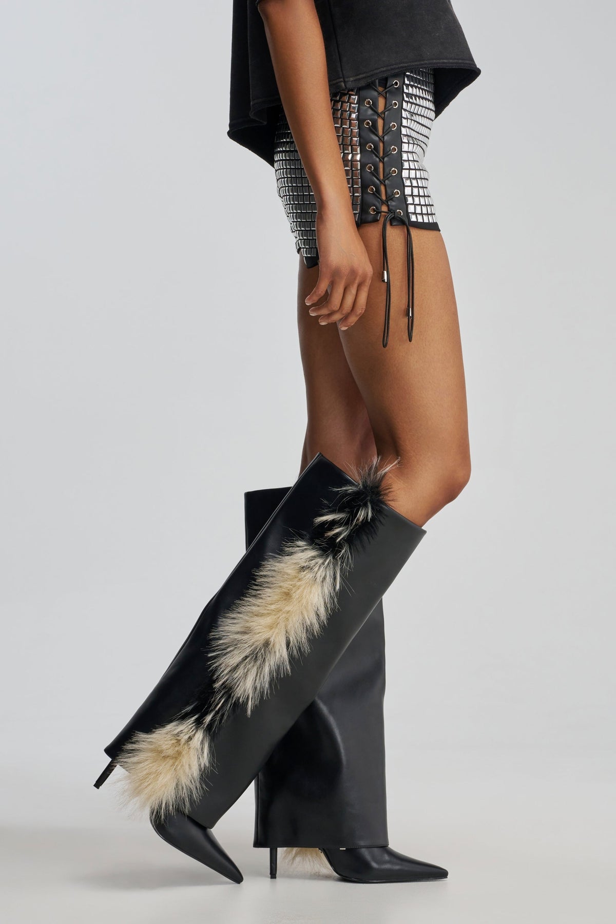 AKIRA GOLD KAIRA BLACK MULTI FUR TRIM DETAIL BOOT