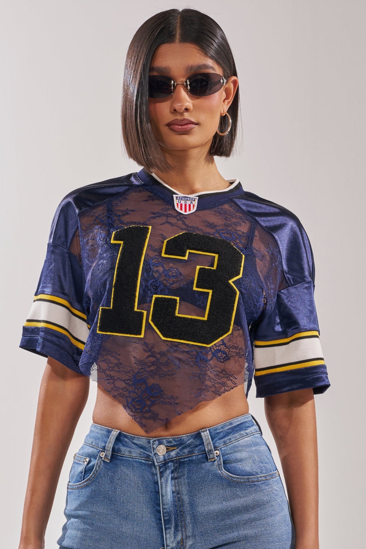 LUCKY LACE JERSEY TOP IN NAVY