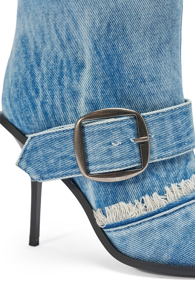 AKIRA GOLD DURANGO DENIM STILETTO PANT LOOK BOOT