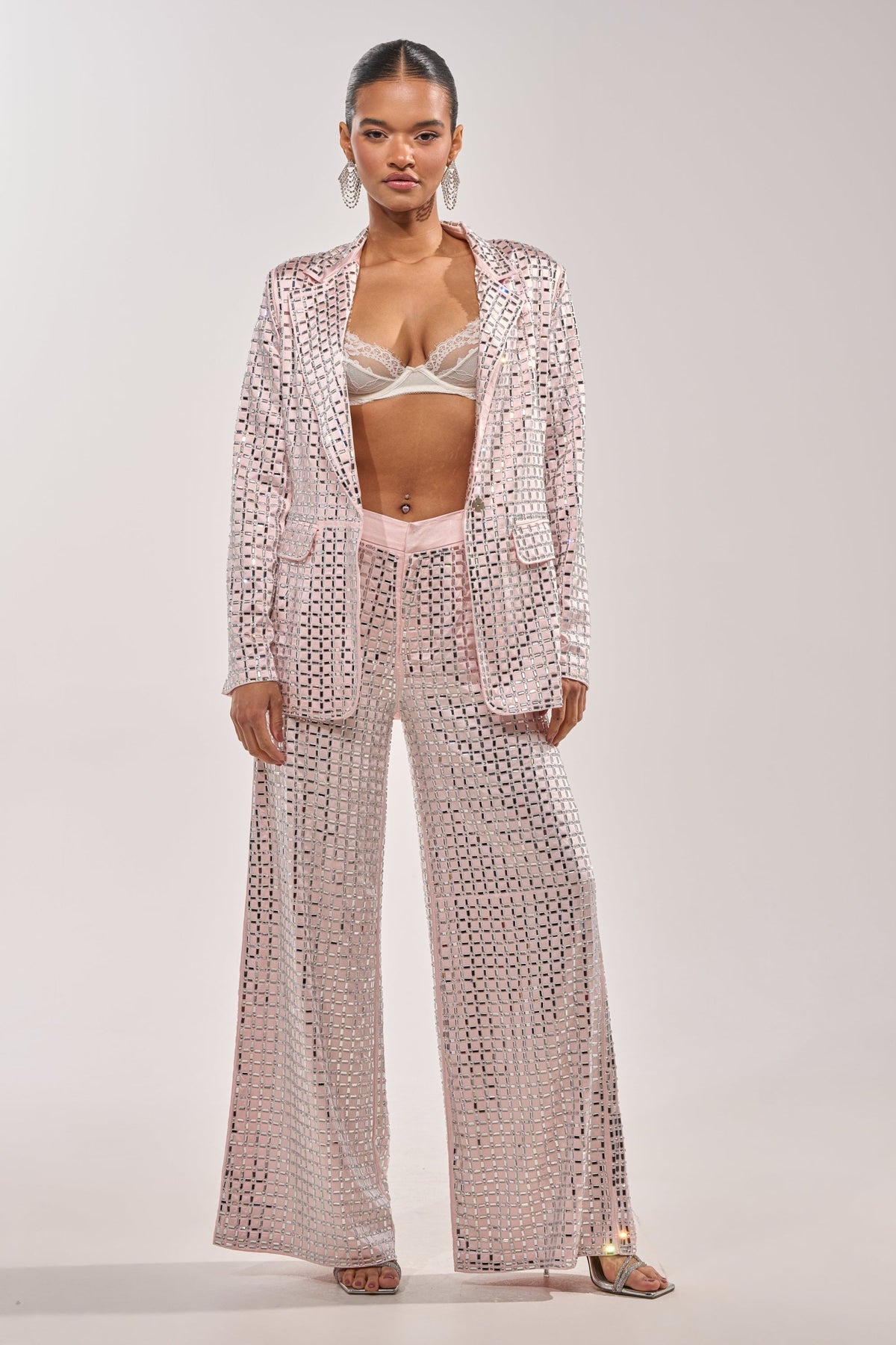LILA EMBELLISHED SATIN BLAZER IN LIGHT PINK