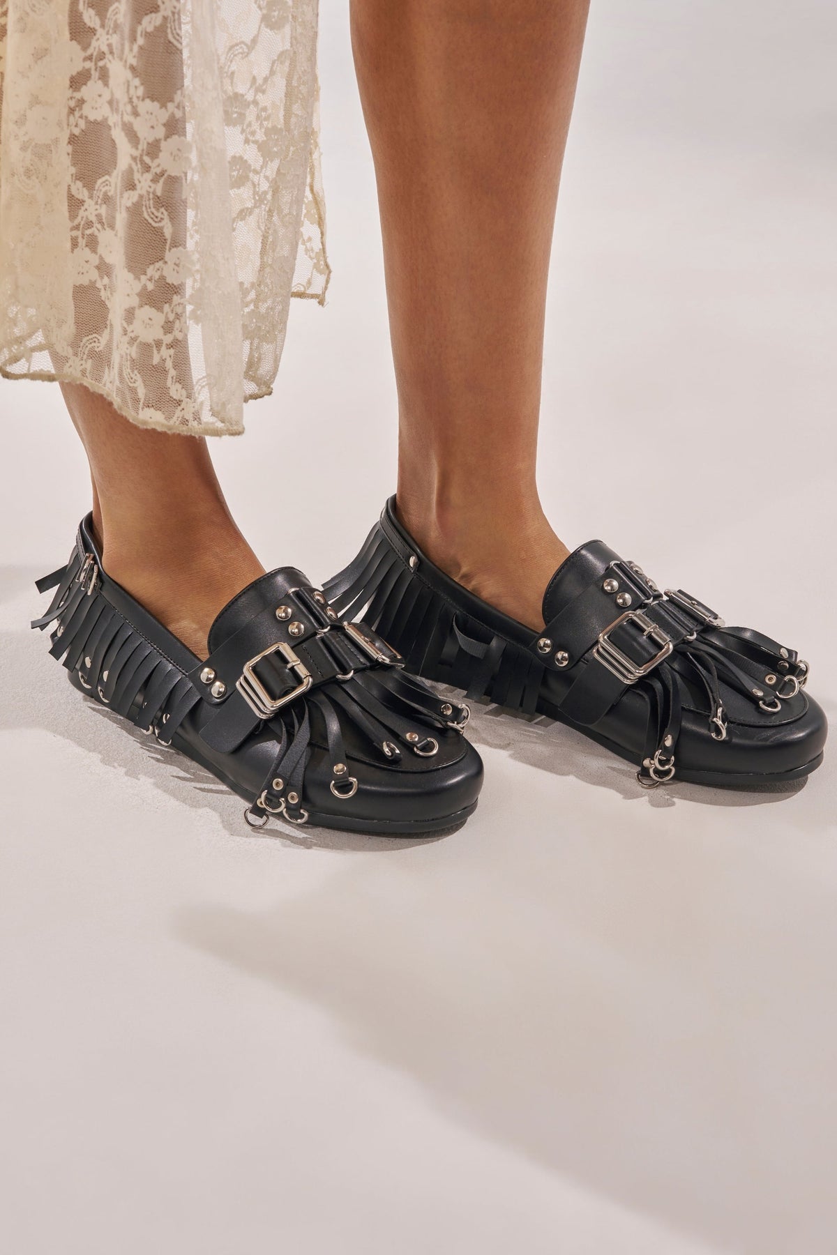 AZALEA WANG SEVYN BLACK WITH SILVER HARDWARE FLAT LOAFER