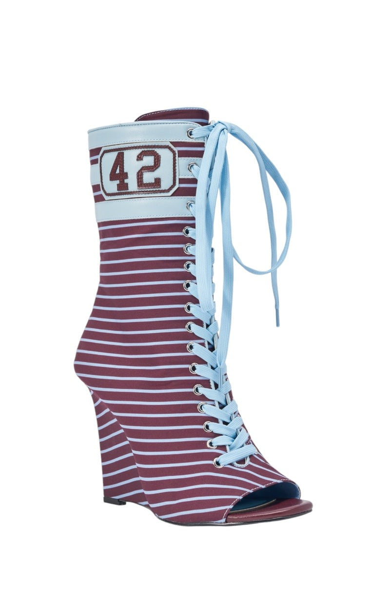 AZALEA WANG WYATT BLUE MULTI STRIPE WEDGE BOOTIE