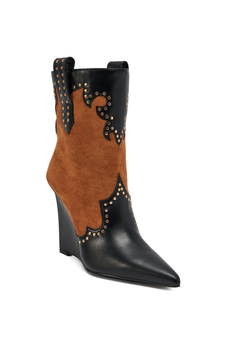 AZALEA WANG TALLULAH COGNAC WEDGE WESTERN BOOTIE
