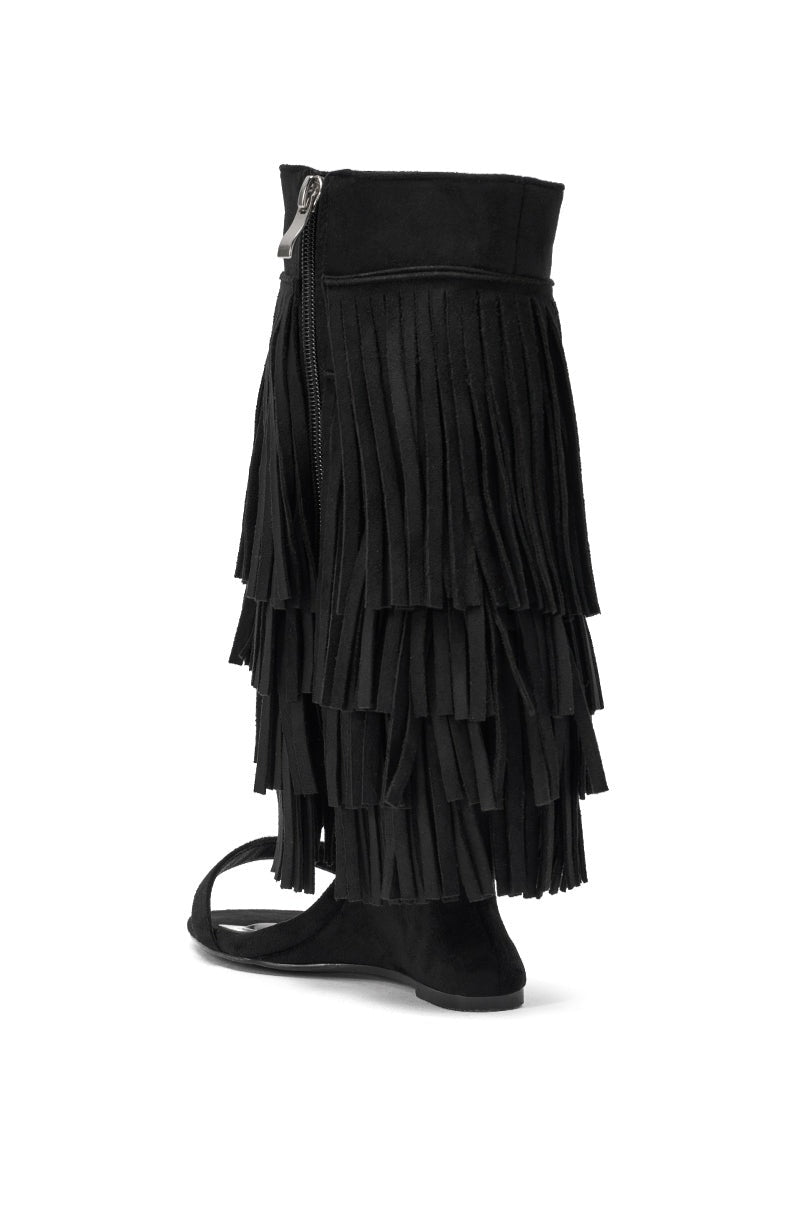 AKIRA GOLD SESTINA BLACK FAUX SUEDE FRINGE WEDGE SANDAL