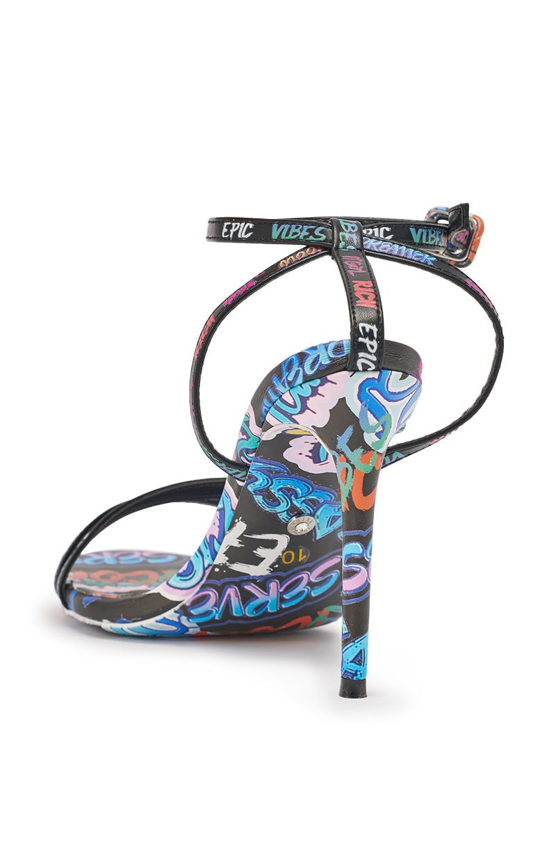 AKIRA GOLD GRAFFITI PRINT STILETTO SANDAL