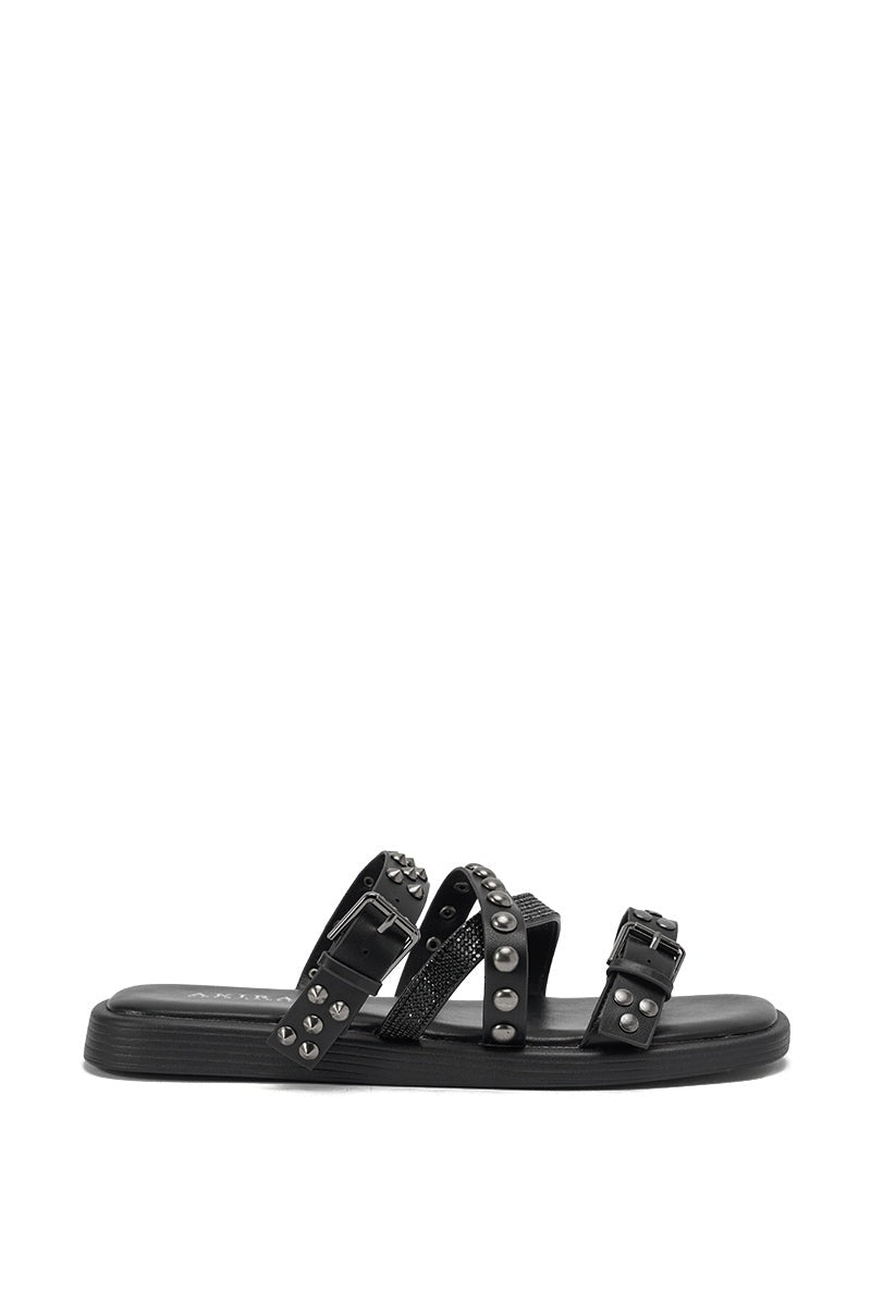 AKIRA GOLD MANNING BLACK HARDWARE EMBELLISHED FLAT SANDAL