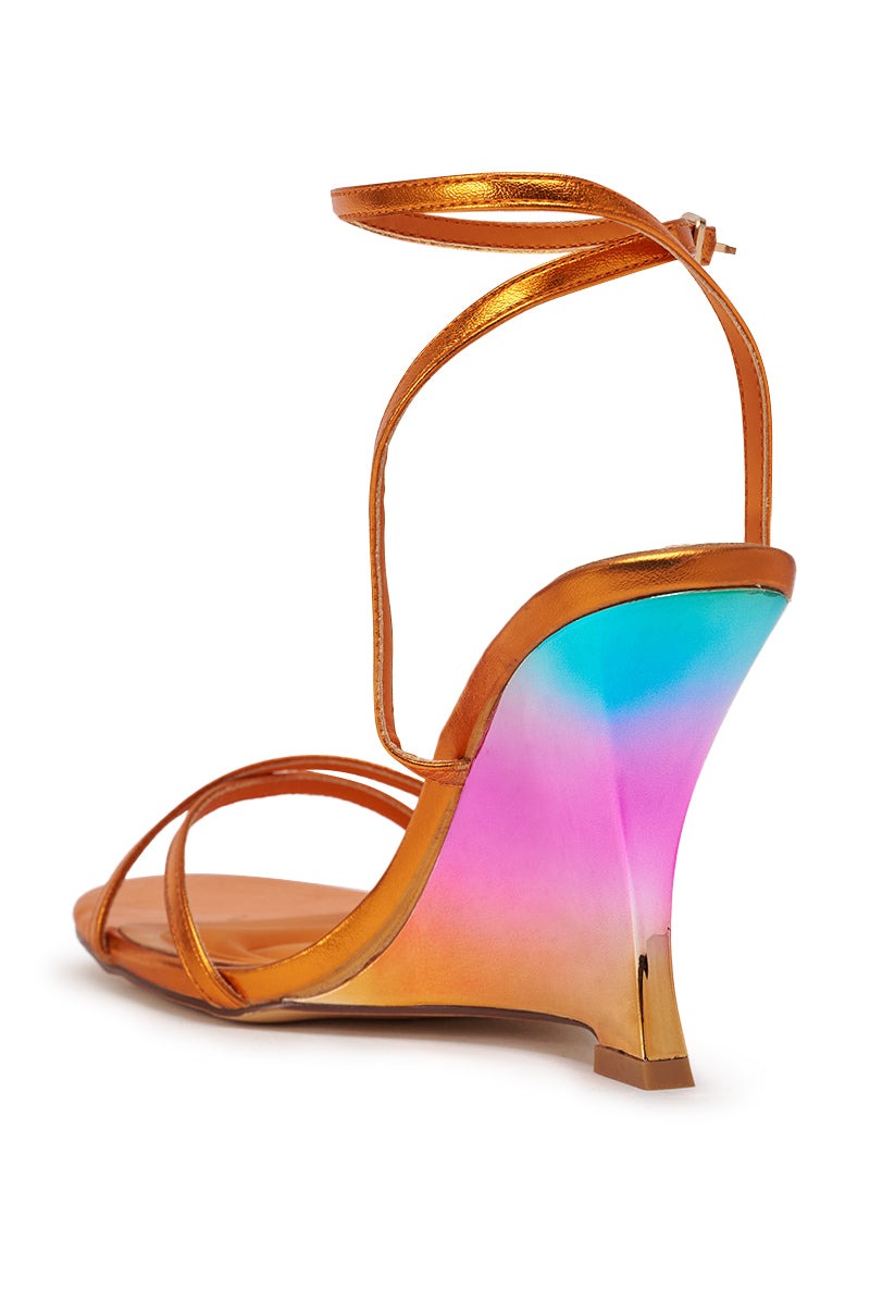 AKIRA GOLD FINGA CHROME WEDGE STRAP SANDAL