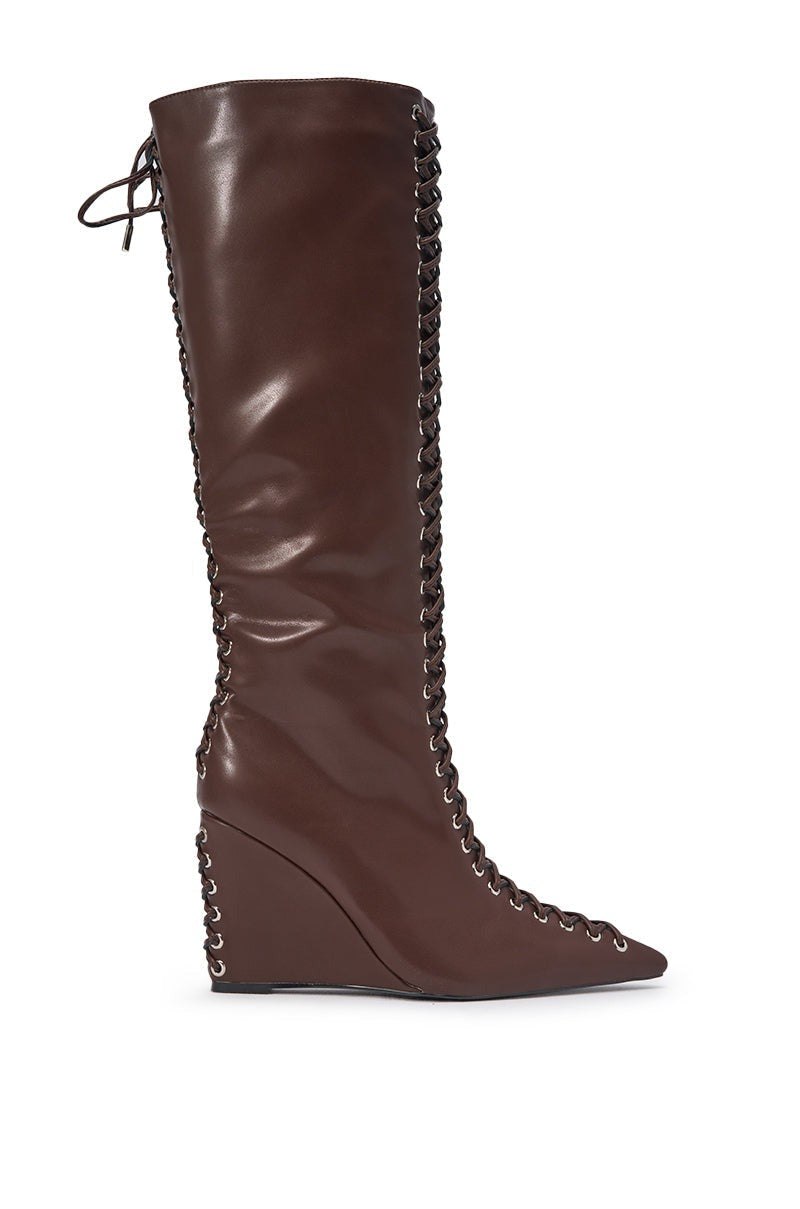 AZALEA WANG THAUMUS BROWN LACE UP WEDGE BOOT