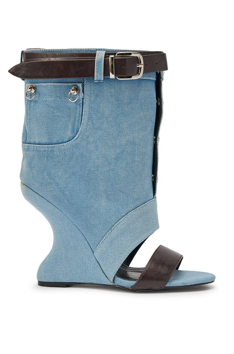 AKIRA GOLD BLEILIC DENIM WEDGE OPEN TOE BOOTIE