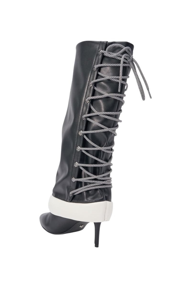 AKIRA GOLD HALOED BLACK LACE UP BLACK BOOTIE