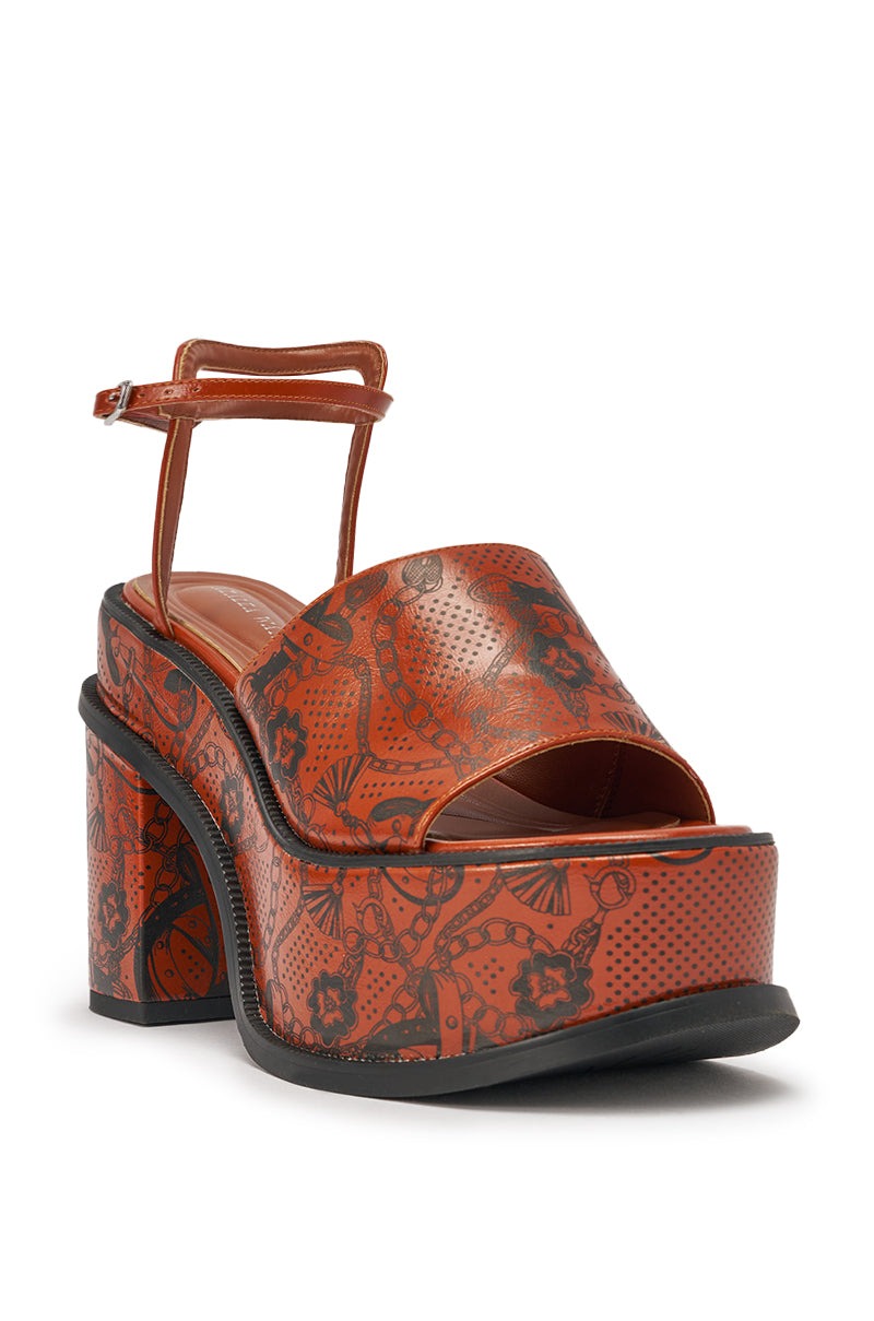 AZALEA WANG ANTHELMINE COGNAC PLATFORM SANDAL WITH TATTOO DETAILING