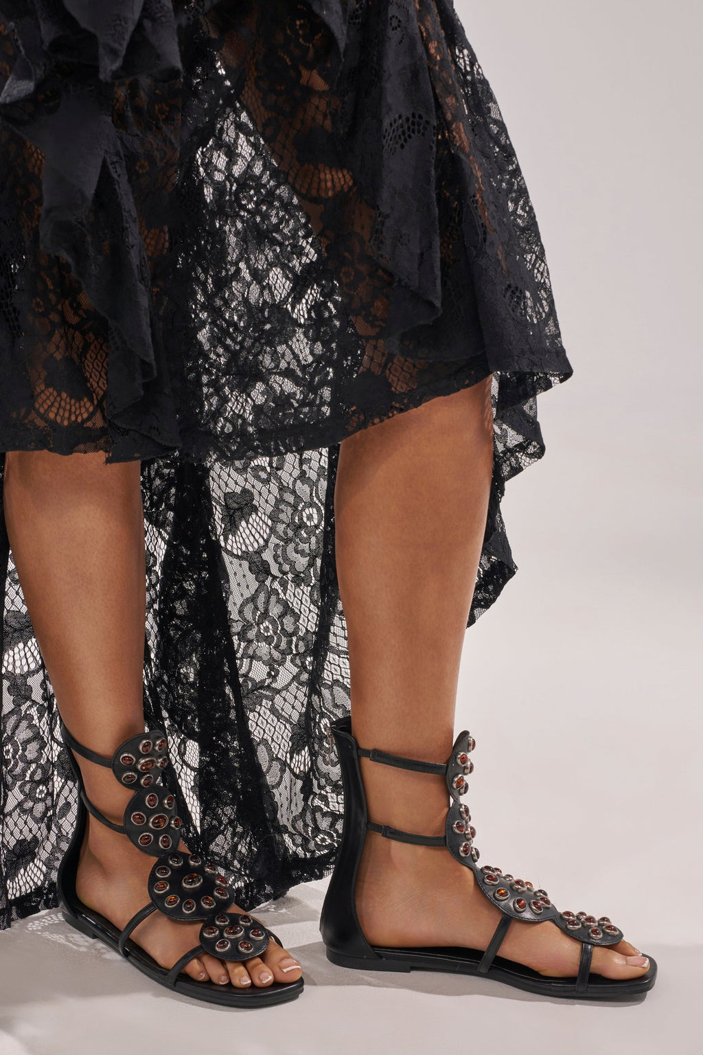 AZALEA WANG MIKAERE BLACK BROWN STONE EMBELLISHED FLAT STRAP SANDAL
