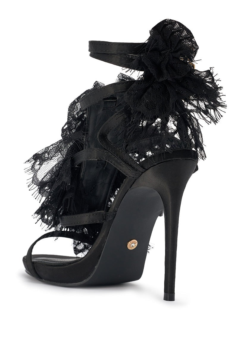 AKIRA GOLD BARRISTER BLACK LACE DETAIL STILETTO SANDAL