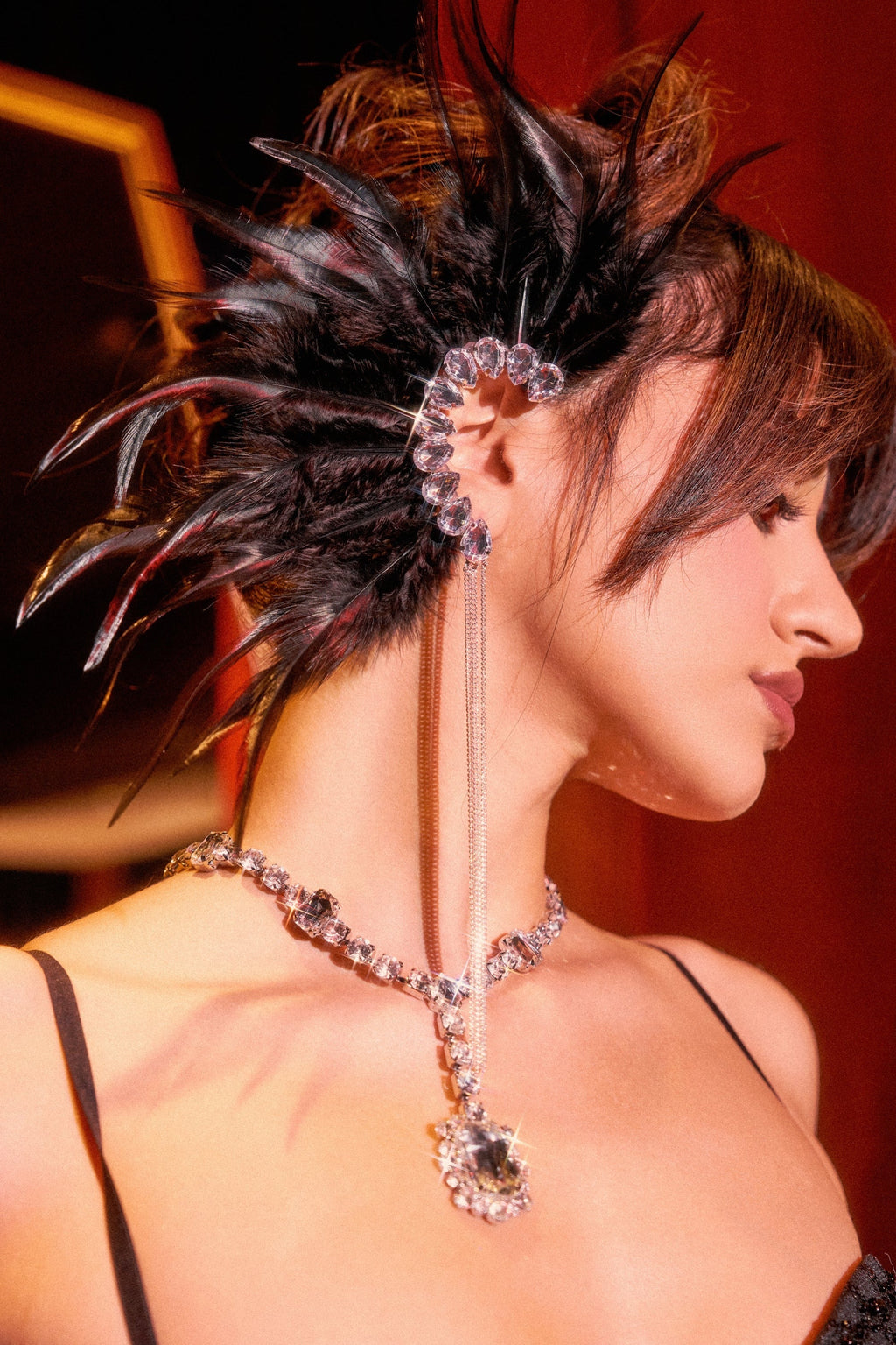 GLAM BIRD BLACK FEATHER EAR CUFF IN BLACK SILVER