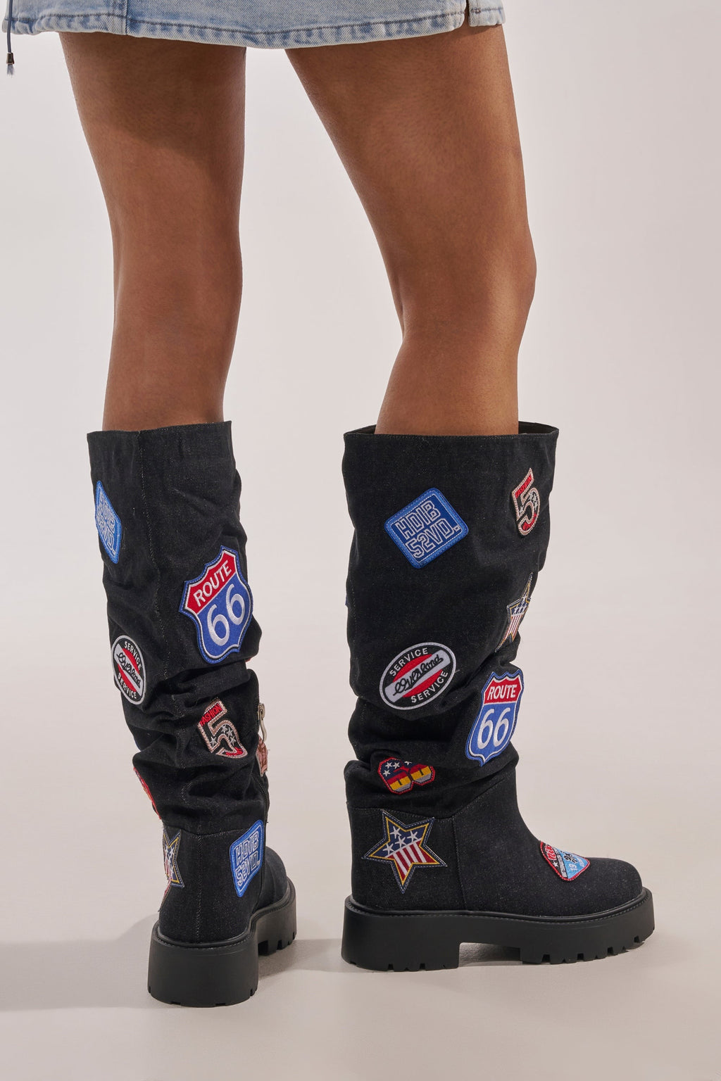 AKIRA GOLD POSTAL BLACK PATCHWORK FLAT BOOT