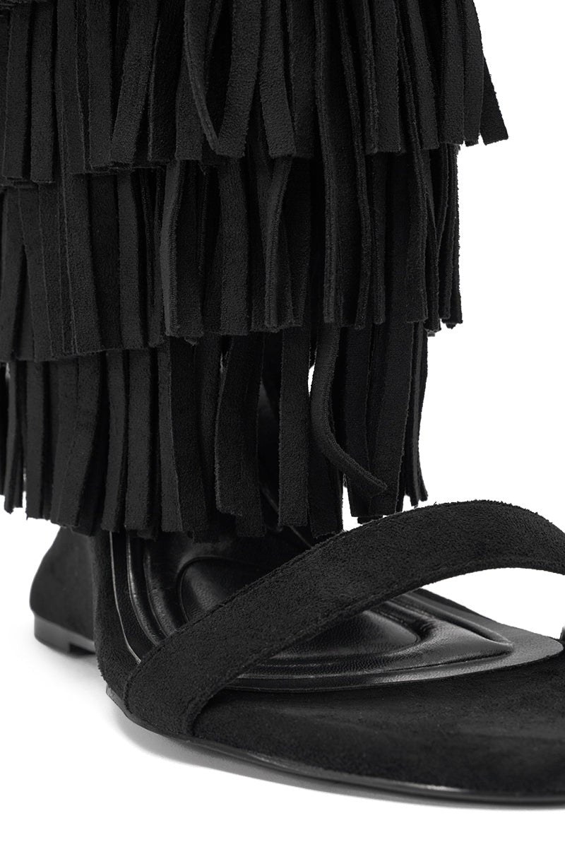 AKIRA GOLD SESTINA BLACK FAUX SUEDE FRINGE WEDGE SANDAL