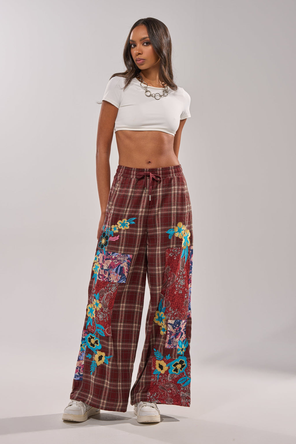 KRIYSTA FLORAL PATCH PLAID PANT