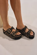 AZALEA WANG KAEGAN BLACK FLATFORM STUD EMBELLISHED SLIP ON SANDAL