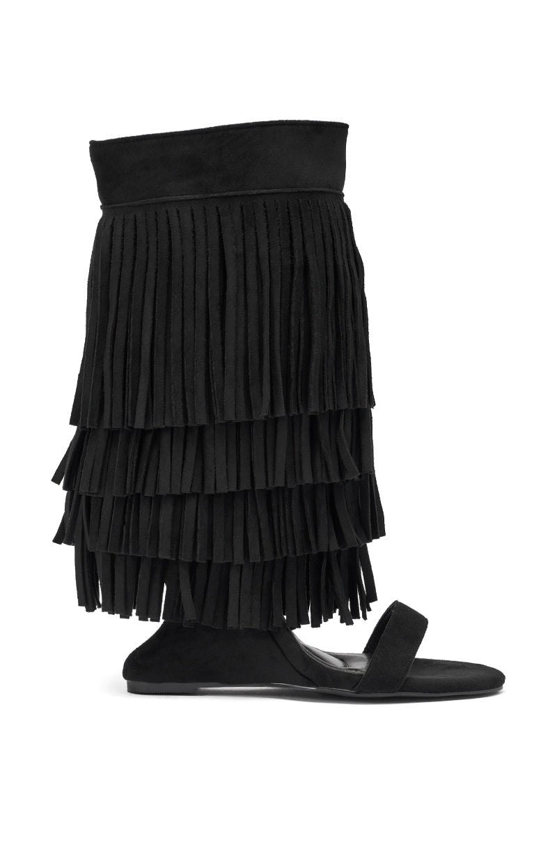 AKIRA GOLD SESTINA BLACK FAUX SUEDE FRINGE WEDGE SANDAL