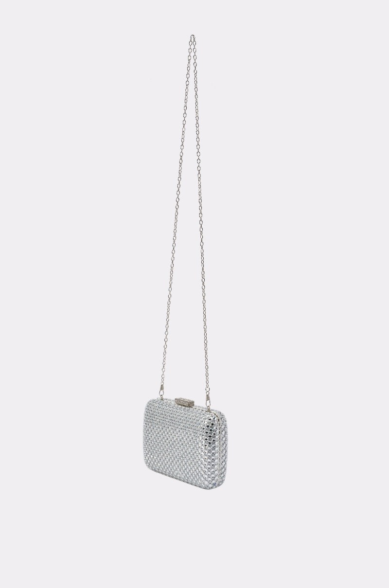 ELECTRIC AURA RHINESTONE CLUTCH IN SILVER