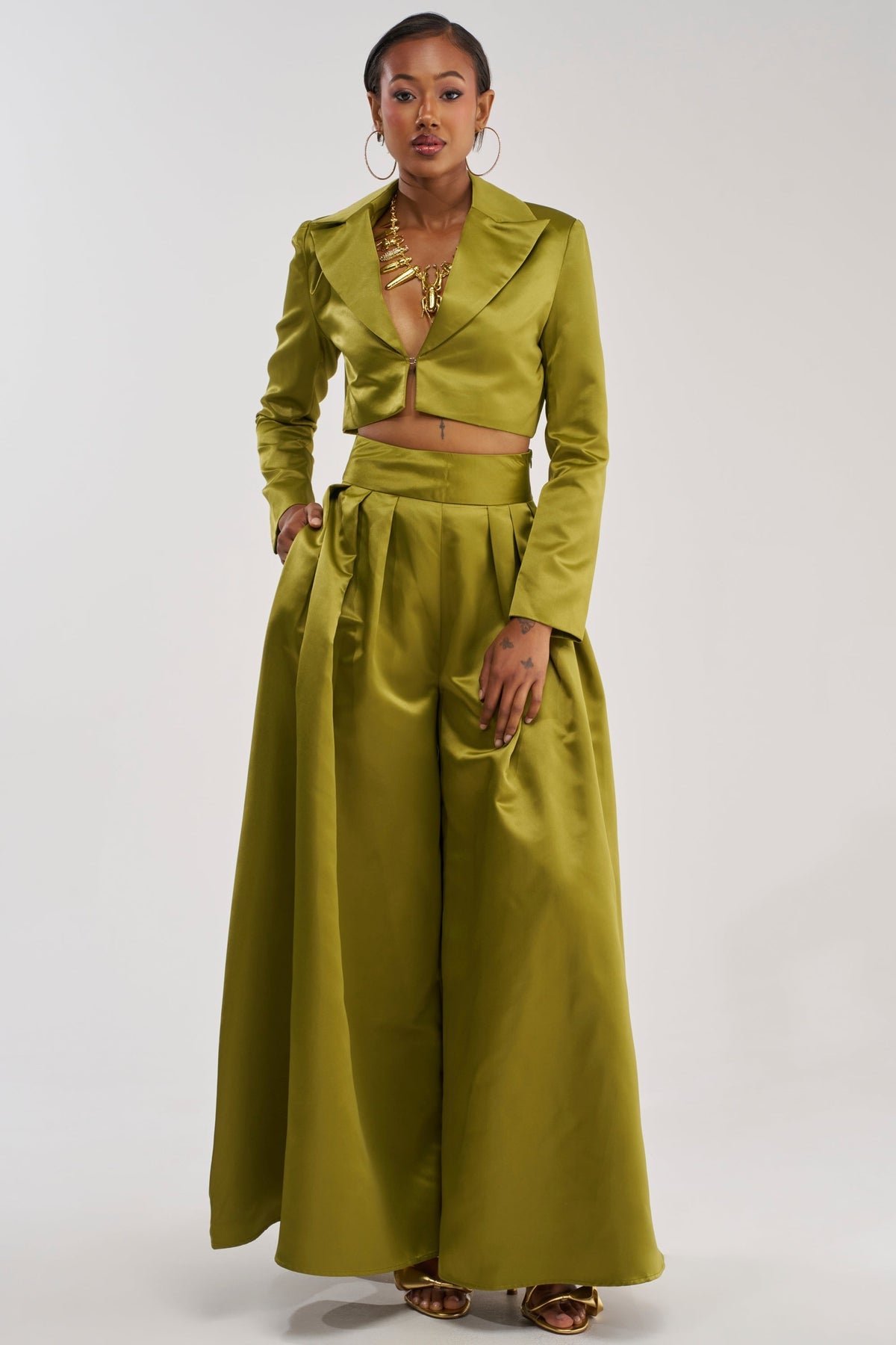 LILA SATIN TROUSER IN CHARTREUSE