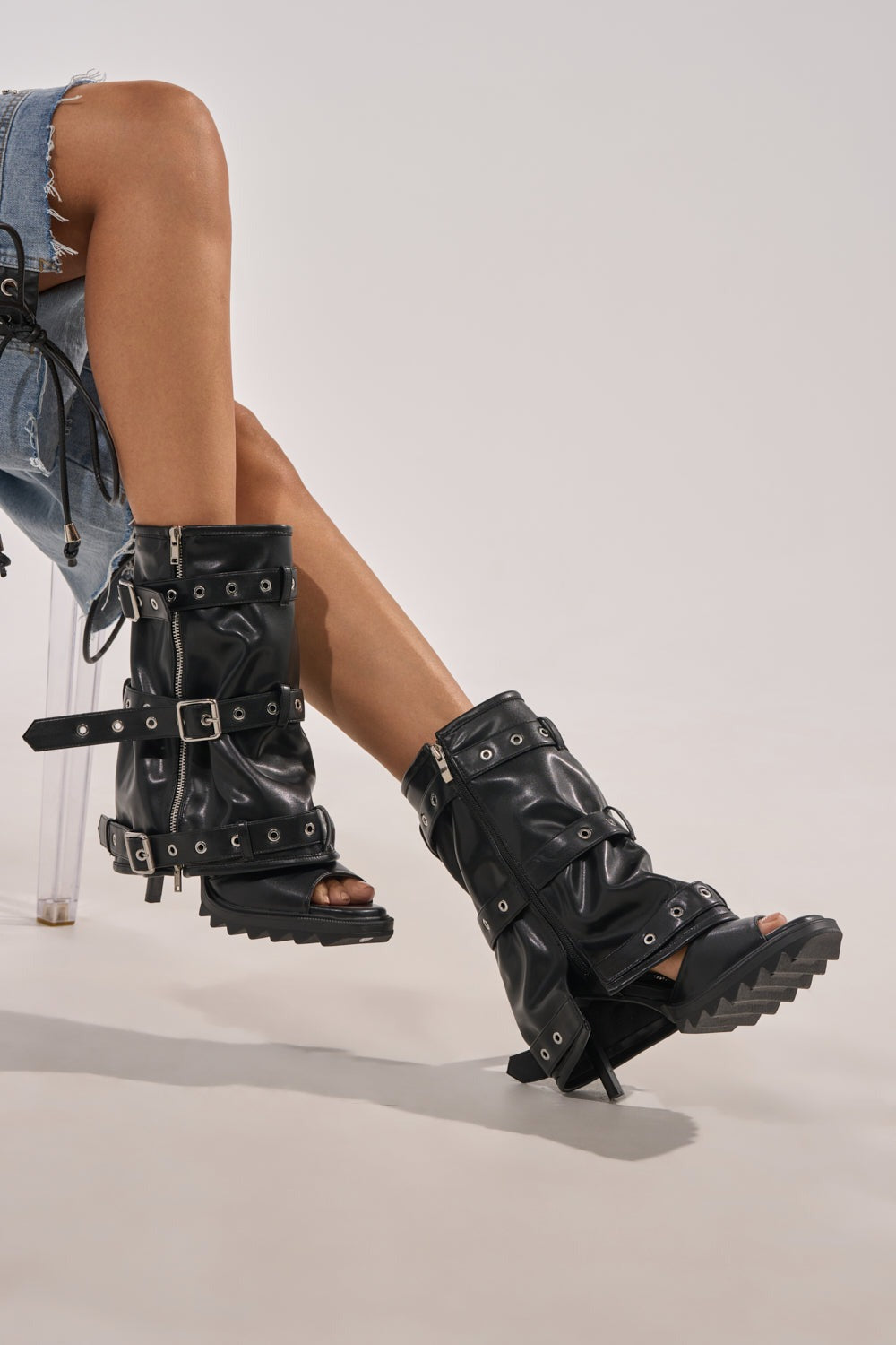 AZALEA WANG AMES BLACK PU HARDWARE EMBELLISHED STILETTO BOOTIE