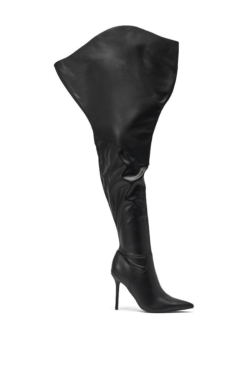 AKIRA GOLD CHROMEA BLACK THIGH HIGH STILETTO BOOT