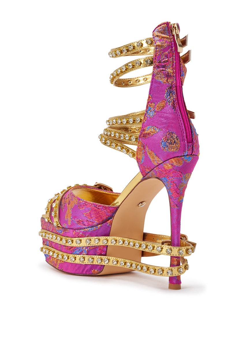AKIRA CRUSHIN PINK MULTI BROCADE AND GOLD EMBELLISHED STILETTO SANDAL