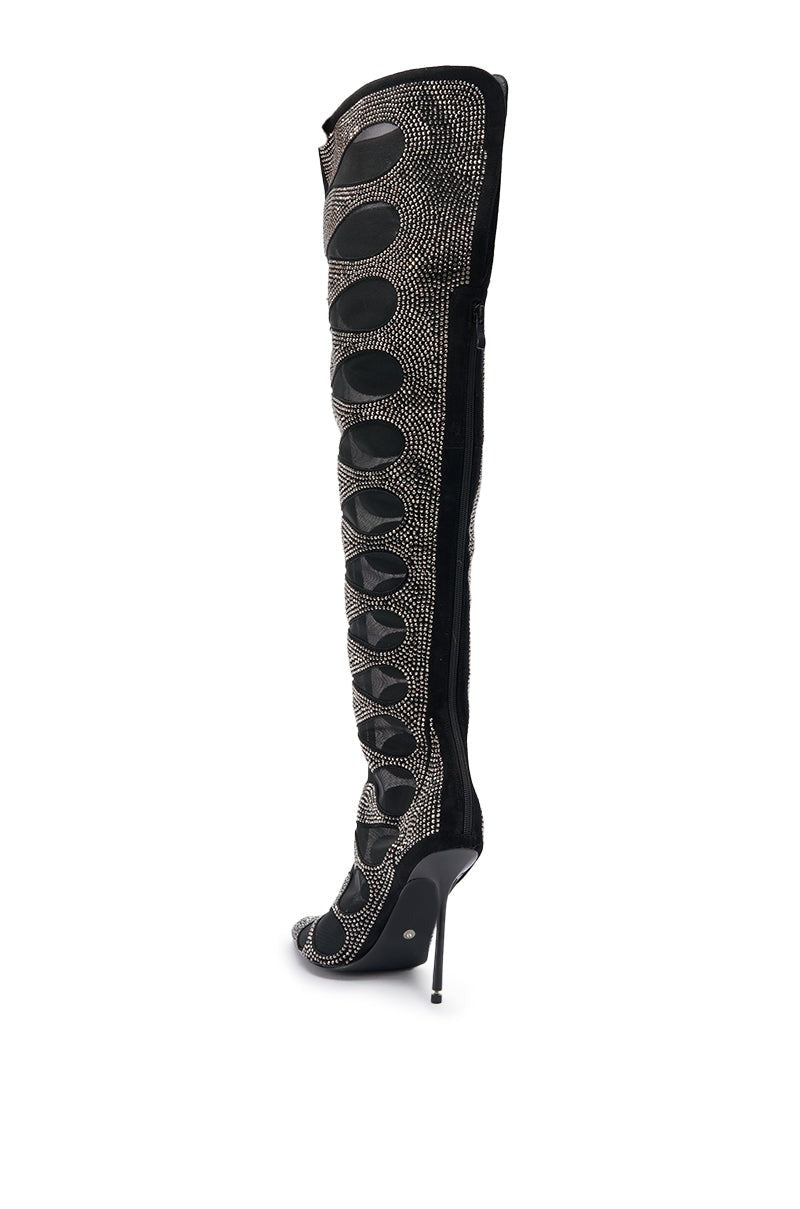 AKIRA GOLD AVENRA BLACK RHINESTONE THIGH HIGH STILETTO BOOT