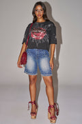 BLINGED OUT CARGO SHORTS IN MEDIUM BLUE DENIM