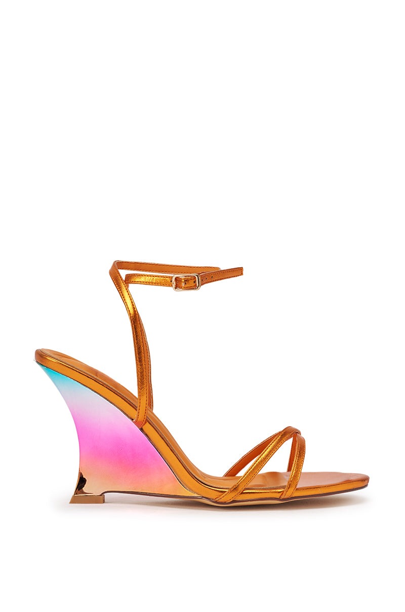 AKIRA GOLD FINGA CHROME WEDGE STRAP SANDAL