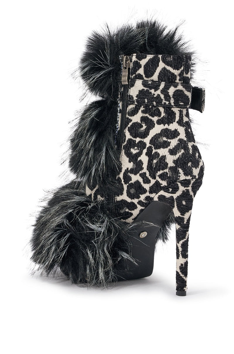 AZALEA WANG SERIOUS BLACK AND WHITE LEOPARD WITH FUR OPEN TOE STILETTO BOOTIE