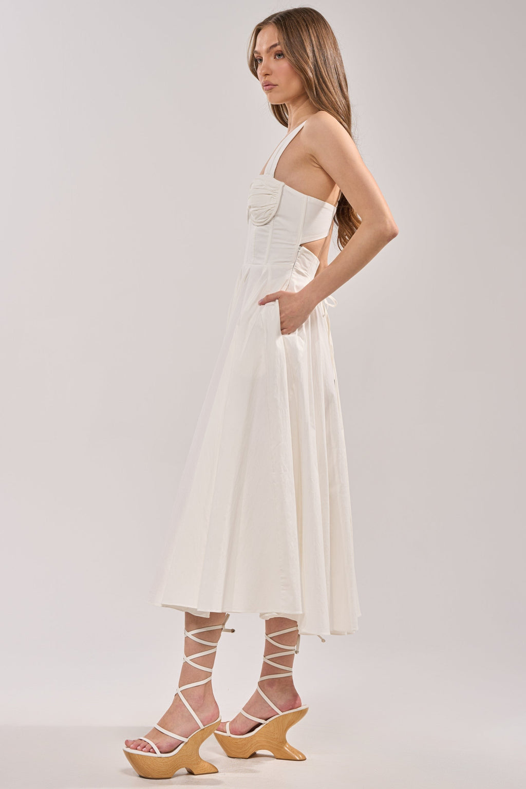 KEEP IT LOWKEY POPLIN MIDI DRESS IN WHITE