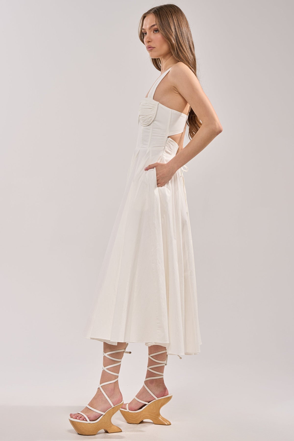 KEEP IT LOWKEY POPLIN MIDI DRESS IN WHITE