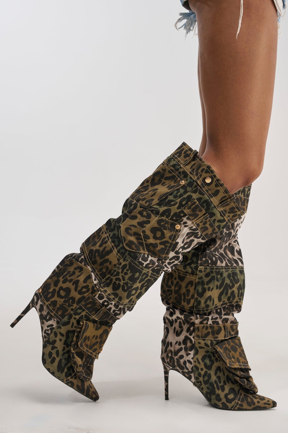 AKIRA GOLD HALOISE LEOPARD POCKET DETAIL STILETTO BOOT
