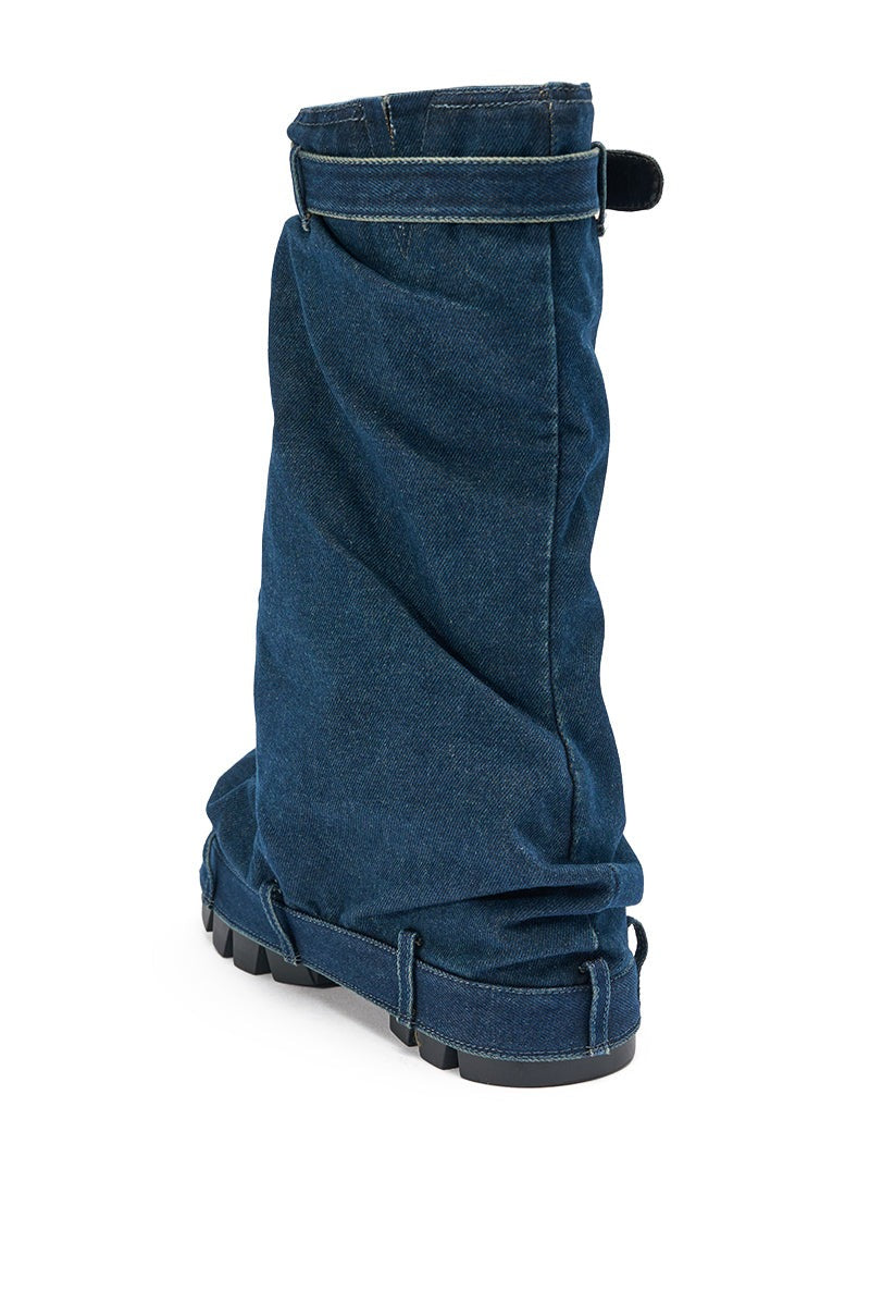 AKIRA GOLD ANGELA FOLD OVER PLATFORM BOOT IN DARK DENIM
