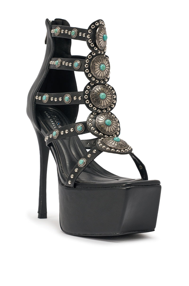 AKIRA GOLD FUANMARA BLACK EMBELLISHED SEXY STILETTO PU SANDAL