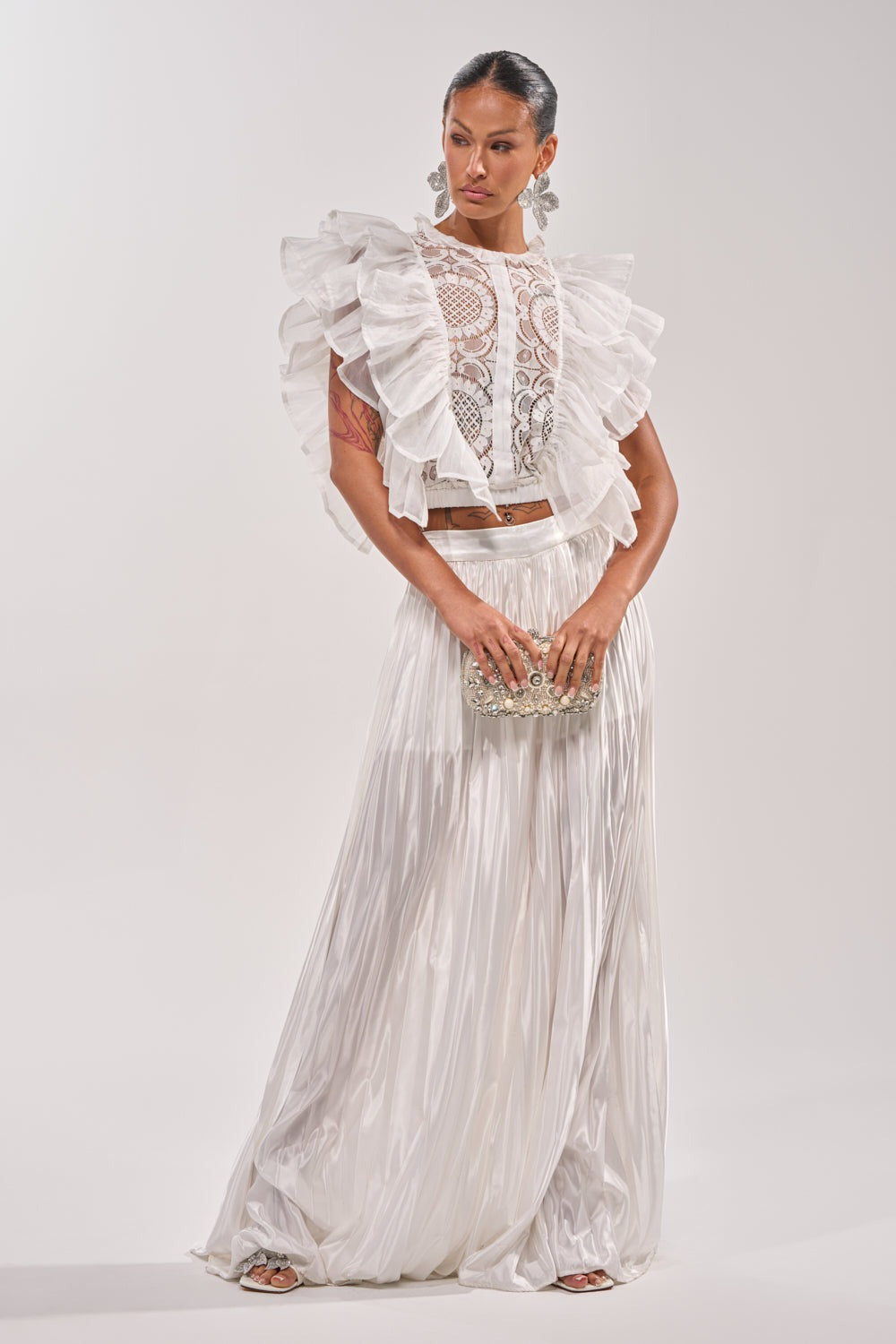 CALLED OUT SATIN PLEATED PALAZZO PANT IN WHITE