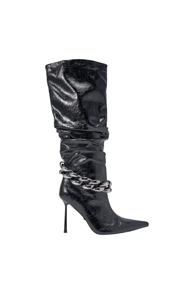 AKIRA GOLD AFTERHOURS BLACK STILETTO BOOT WITH METAL DETAIL