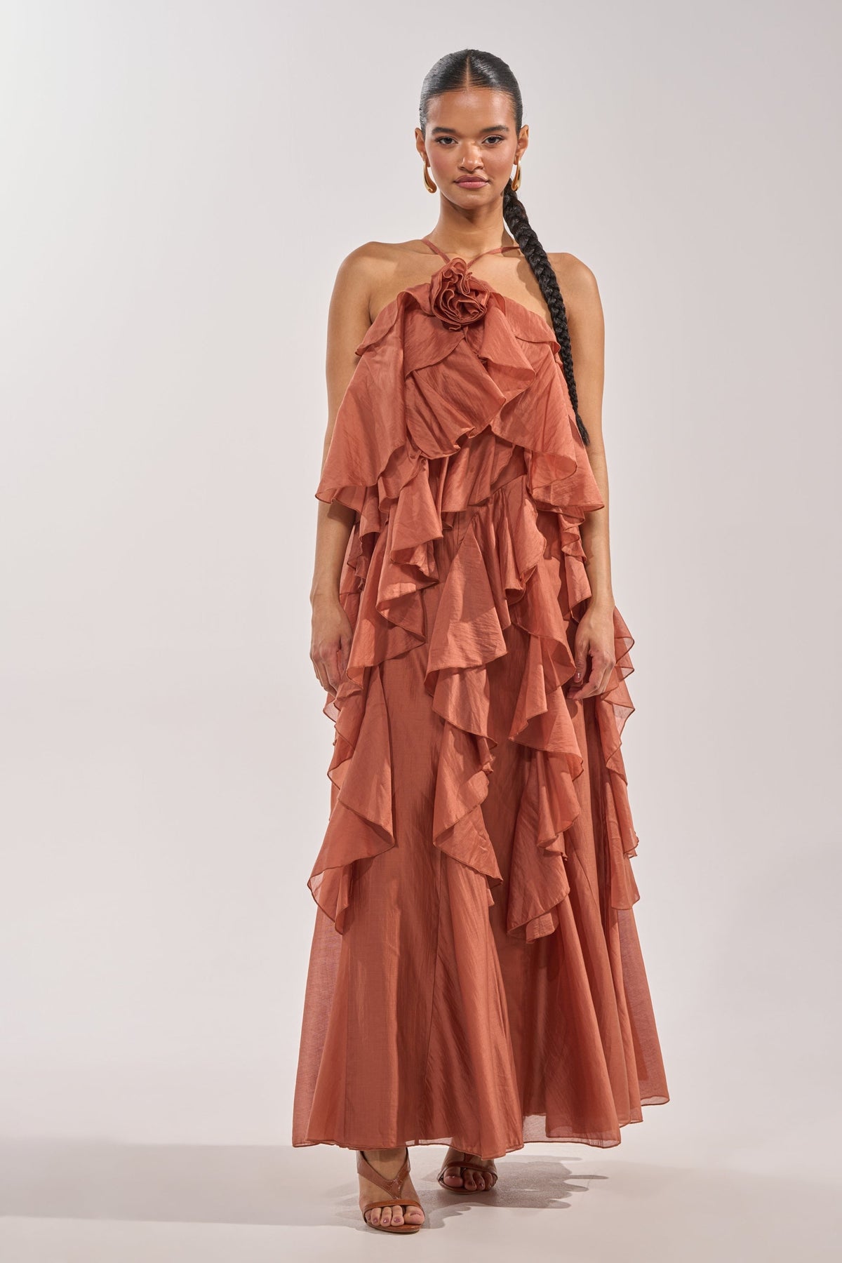 KISS ME SLOW CHIFFON MAXI DRESS IN RUST