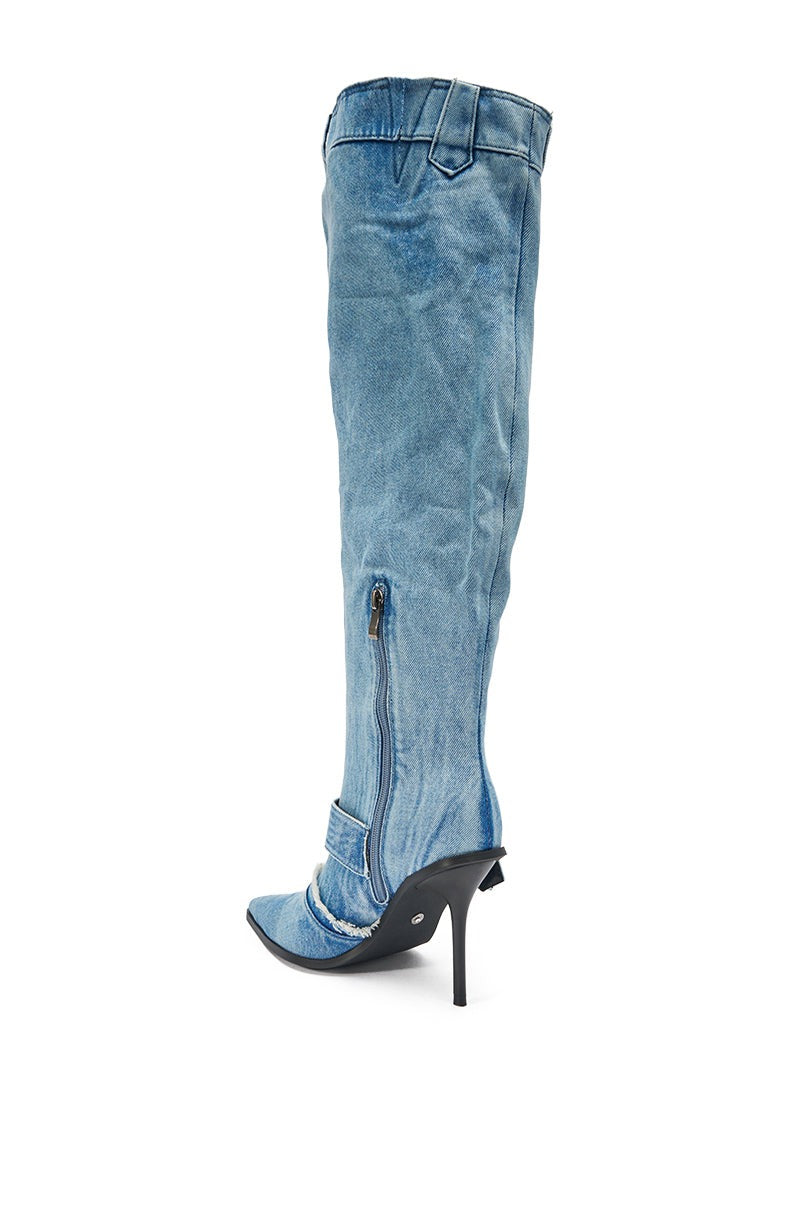 AKIRA GOLD DURANGO DENIM STILETTO PANT LOOK BOOT