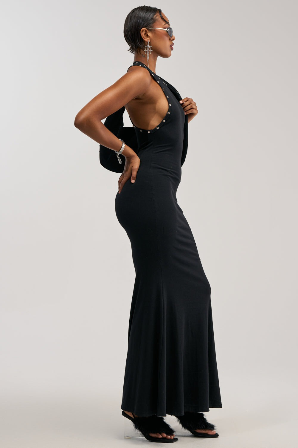BAD DECISIONS STUDDED MAXI DRESS IN BLACK