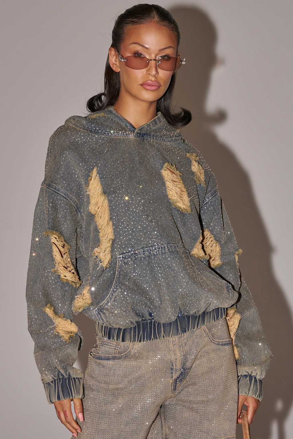 DEMI RHINESTONE DENIM HOODIE