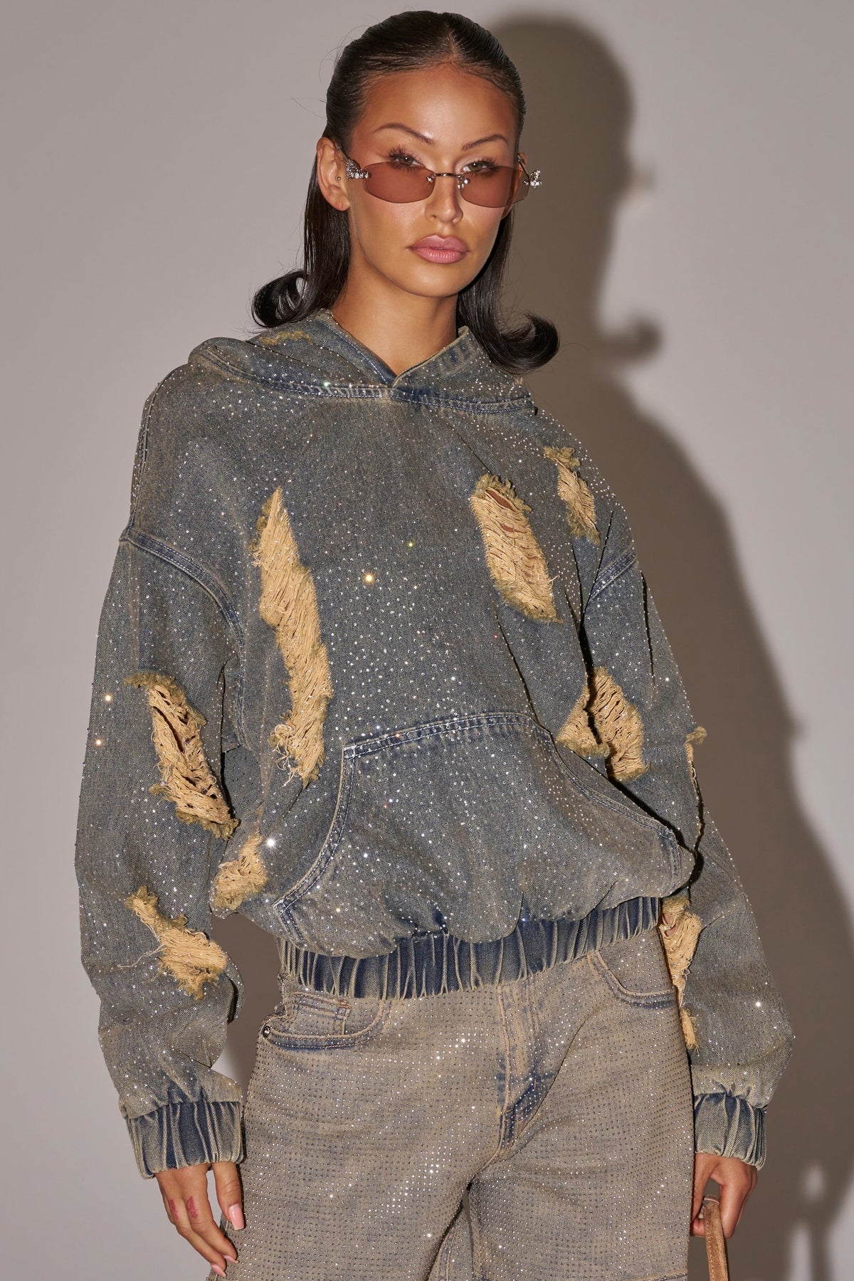 DEMI RHINESTONE DENIM HOODIE