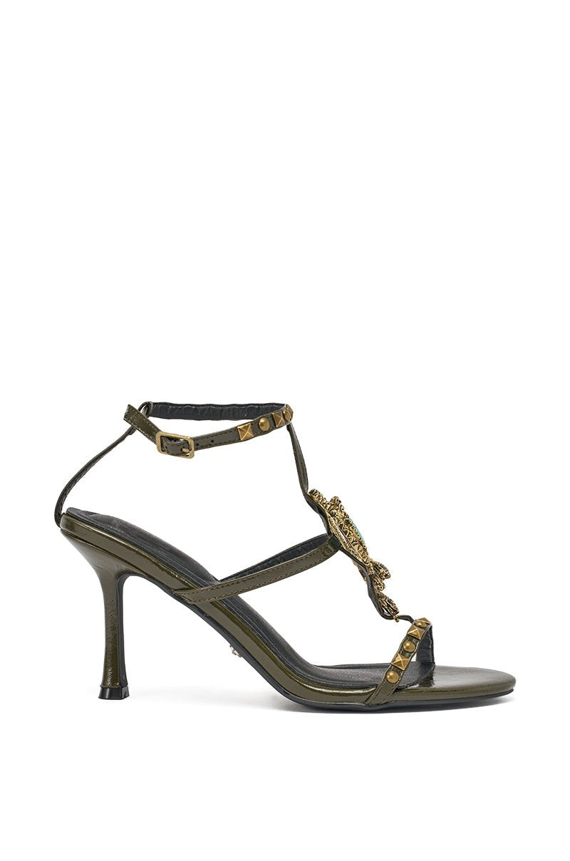 AZALEA WANG REPUTATION OLIVE PU EMBELLISHED STILETTO SANDAL