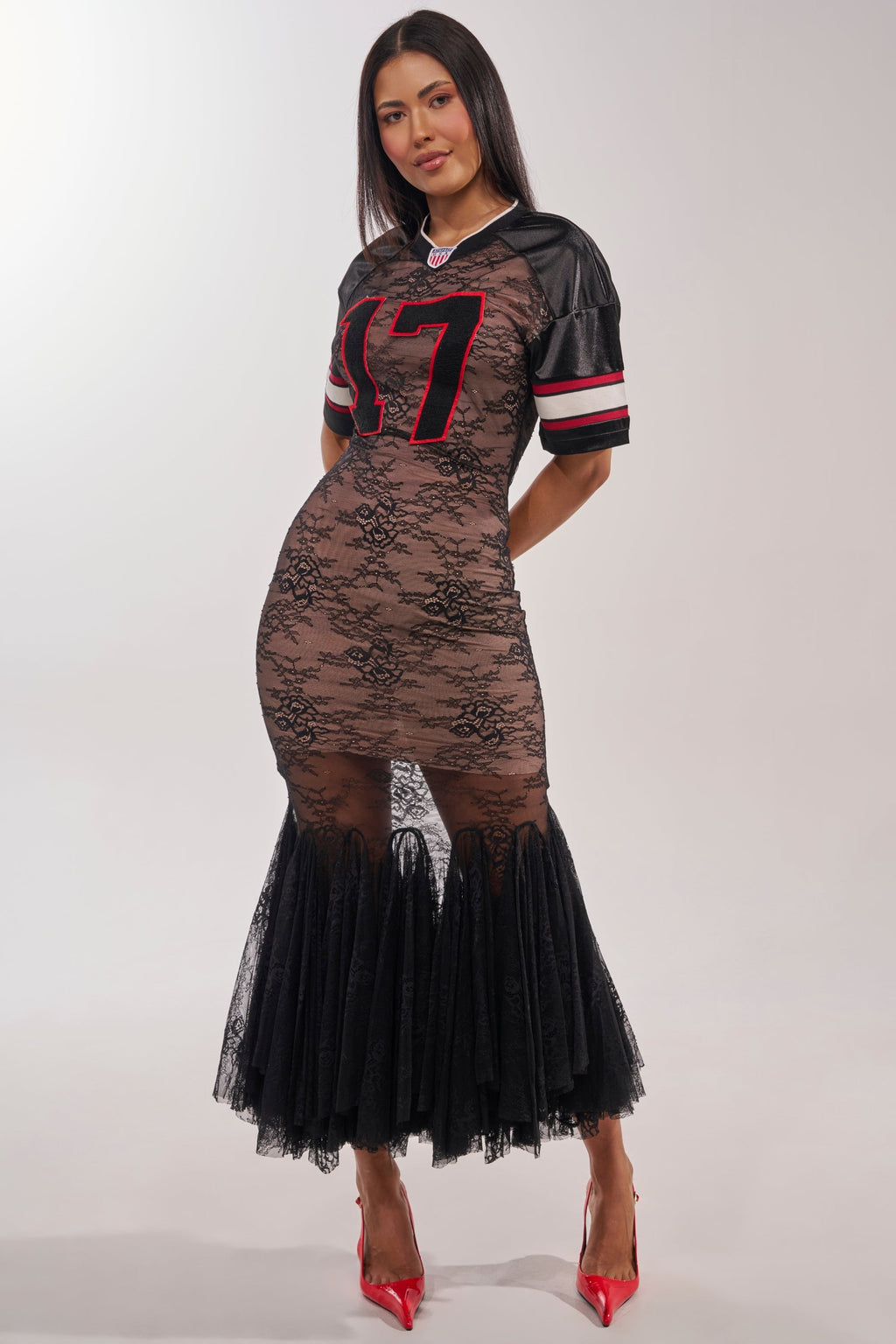 LAYUP LACE JERSEY MAXI DRESS IN BLACK
